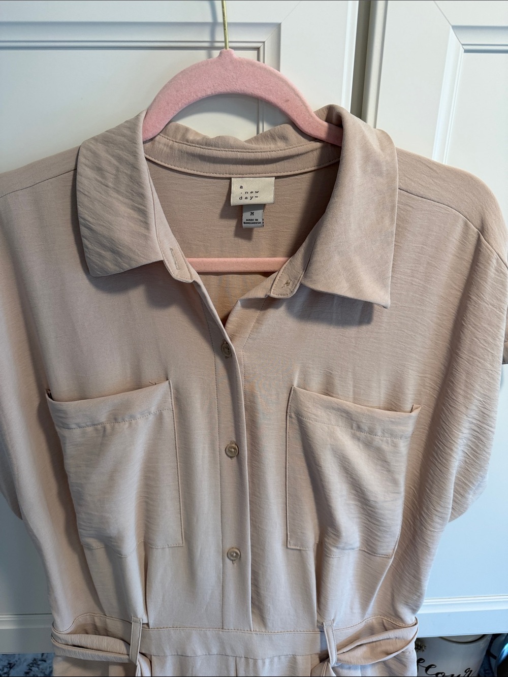 Light Beige Utility Shirt Jumpsuit- Soft Button-Front Women Top